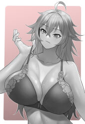 Rule 34 | 1girl, :/, ahoge, alternate costume, bra, breasts, cleavage, closed mouth, clothes tug, goddess of victory: nikke, greyscale, hair between eyes, highres, huge breasts, ifnlew, long hair, monochrome, nihilister (nikke), solo, sweat, underwear