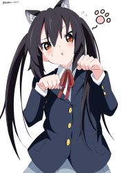 Rule 34 | 1girl, :o, absurdres, animal ears, artist name, black hair, blazer, blue jacket, blue skirt, blush, brown eyes, buttons, cat ears, commentary request, hair between eyes, highres, jacket, k-on!, long hair, looking at viewer, nakano azusa, open mouth, paw pose, paw print, red ribbon, ribbon, sakuragaoka high school uniform, school uniform, shirt, simple background, skirt, solo, sweatdrop, twintails, twitter username, watermark, white background, white gorilla (okamoto), white shirt