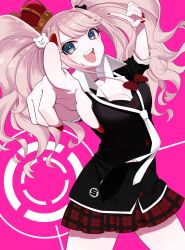 Rule 34 | 1girl, absurdres, black shirt, blue eyes, breasts, cleavage, commentary request, cowboy shot, crown, danganronpa: trigger happy havoc, danganronpa (series), enoshima junko, eyelashes, fingernails, foreshortening, hands up, highres, index fingers raised, large breasts, long fingernails, long hair, looking at viewer, m 0506, mini crown, miniskirt, nail polish, open mouth, partially unbuttoned, pink background, pink hair, plaid, plaid skirt, pleated skirt, pointing, pointing at viewer, red nails, red skirt, school uniform, shirt, simple background, skirt, sleeves rolled up, smile, solo, spoilers, swept bangs, teeth, twintails, upper teeth only, v-shaped eyebrows, wavy hair