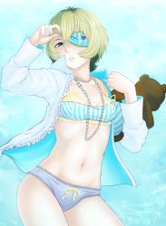 Rule 34 | 10s, 1girl, bear, blonde hair, bow, bow panties, bra, brown hair, eyepatch, finalcake, glasses, gradient background, heart, hikiotani ito, jewelry, lingerie, multicolored hair, navel, necklace, one eye covered, open clothes, open shirt, panties, parted lips, punch line, punchline, purple panties, shirt, short hair, sleep mask, solo, striped bra, striped clothes, stuffed animal, stuffed toy, teddy bear, underwear, unworn eyewear, vertical-striped bra, vertical-striped clothes
