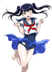 Rule 34 | 00s, 1girl, barefoot, black hair, collarbone, feet, female focus, hair ornament, ikkitousen, long hair, looking at viewer, one-piece swimsuit, one eye closed, open mouth, sailor, saji genpou (true), school swimsuit, see-through, shirt, smile, solo, swimsuit, twintails, white shirt, yellow eyes