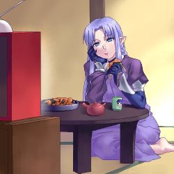 Rule 34 | 00s, 1girl, barefoot, blue eyes, blue hair, braid, medea (fate), cup, dress, eating, fate/stay night, fate (series), food, gloves, head rest, kneeling, long dress, long hair, lowres, matching hair/eyes, oekaki, pointy ears, senbei, side braid, sitting, solo, table, tatami, tea, television, wariza, watching television, zen