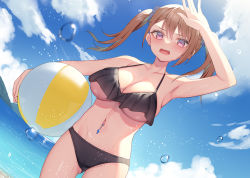 Rule 34 | 1girl, alexmaster, arm up, armpits, bad id, bad twitter id, ball, bare arms, bare shoulders, beach, beachball, bikini, black bikini, breasts, brown hair, cleavage, cloud, cowboy shot, day, dutch angle, hair ornament, hair scrunchie, halterneck, large breasts, long hair, looking at viewer, navel, navel piercing, open mouth, original, outdoors, piercing, pink eyes, scrunchie, shading eyes, solo, stomach, string bikini, sunlight, swimsuit, thighs, twintails, underboob, wet