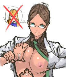 Rule 34 | 1girl, aqua eyes, assertive female, braid, grabbing another&#039;s breast, breasts, brown hair, cleavage, clothes lift, glasses girl (nameo), grabbing, green necktie, guided breast grab, guiding hand, highres, holding another&#039;s wrist, lab coat, large breasts, long hair, looking at viewer, nameo (judgemasterkou), necktie, nipples, no bra, ojou (nameo), open clothes, open shirt, original, parted bangs, pov, shirt, shirt lift, smirk, solo focus, sweatdrop, twin braids