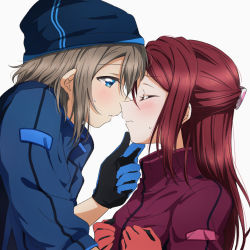 Rule 34 | 2girls, absurdres, black gloves, black jacket, blue eyes, blush, brown hair, closed eyes, couple, gloves, hair between eyes, highres, imminent kiss, jacket, long hair, long sleeves, looking at another, love live!, love live! sunshine!!, multiple girls, parted lips, purple jacket, red gloves, red hair, sakurauchi riko, simple background, sweatdrop, upper body, watanabe you, white background, yuchi (salmon-1000), yuri
