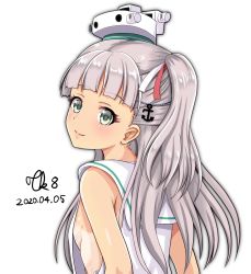 Rule 34 | 1girl, anchor hair ornament, artist name, blunt bangs, breasts, commentary request, dated, dress, green eyes, hair ornament, highres, kantai collection, long hair, looking at viewer, low-cut armhole, maestrale (kancolle), one side up, sailor collar, sailor dress, sideboob, signature, silver hair, simple background, sleeveless, sleeveless dress, small breasts, solo, tan, tanline, tk8d32, upper body, white background, white dress