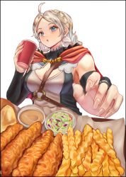 Rule 34 | 1girl, absurdres, ahoge, axeloust, black bridal gauntlets, blue eyes, braid, breasts, bridal gauntlets, buttons, capelet, chest harness, chicken (food), chicken fingers, choker, coleslaw, commission, commissioner upload, cowlick, crinkle-cut fries, cup, fast food, fire emblem, fire emblem fates, flower choker, food, foreshortening, french fries, fried chicken, hairband, harness, highres, holding, holding cup, hood, hooded capelet, leather, low twin braids, medium breasts, nina (fire emblem), nintendo, non-web source, o-ring, open mouth, parted bangs, raising cane&#039;s chicken fingers, red capelet, red hood, sauce, solo focus, turtleneck, twin braids, two-tone shirt, white background, white choker, white hair, white hairband