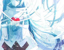 Rule 34 | 1girl, bandaged arm, bandaged head, bandages, black skirt, blue hair, blue theme, closed mouth, cupping hands, detached sleeves, facing viewer, floating hair, hatsune miku, head out of frame, heart, heart on chest, highres, holding, light smile, long hair, necktie, own hands together, pleated skirt, re:rin, skirt, solo, tears, very long hair, vocaloid