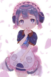 Rule 34 | 1boy, apron, blue eyes, blue hair, blush, child, clenched hand, crossdressing, dress, falling petals, highres, made in abyss, maid apron, maid headdress, maruruk, open mouth, petals, short hair, simple background, sparkling eyes, suicchonsuisui, trap, white background