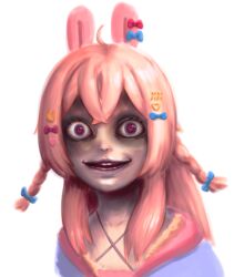 Rule 34 | animal ears, bags under eyes, beepusbop, blue bow, bow, braid, crazy eyes, frilled tankini, grin, hair ornament, hood, hoodie, long hair, looking at viewer, low twin braids, open mouth, phase connect, pink hair, pipkin pippa, pipkin pippa (1st costume), purple eyes, rabbit ears, rabbit girl, red bow, sidelocks, smile, twin braids, virtual youtuber, white background, wide-eyed