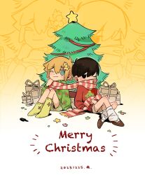 Rule 34 | 2boys, aged down, antenna hair, arm support, asymmetrical legwear, basil (faraway) (omori), basil (omori), black eyes, bright pupils, brown footwear, brown shorts, child, christmas present, christmas tree, closed mouth, colored eyelashes, commentary request, dated, full body, ggneverover, gift, gradient background, green socks, green sweater, hair behind ear, hair between eyes, hair ornament, hand up, highres, knees up, leg warmers, long sleeves, looking at viewer, merry christmas, multiple boys, no pupils, no shoes, official alternate costume, omori, one eye closed, outline, patterned clothing, red scarf, red sweater, scarf, shorts, sidelocks, sitting, socks, something (omori), star (symbol), striped clothes, striped scarf, sunny (omori), sweater, tree, turtleneck, turtleneck sweater, uneven legwear, vertical-striped clothes, vertical-striped scarf, white background, white leg warmers, white outline, white pupils, yellow background, zoom layer