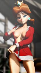 Rule 34 | 1girl, areola slip, biting own lip, blue eyes, breasts, cleavage, clothes lift, highres, large breasts, legs, lifted by self, mario (series), naughty face, nintendo, no bra, panties, pantyshot, princess daisy, pulled by self, smile, solo, thighs, thong, top pull, underwear, undressing, virtuablueam2