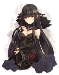 Rule 34 | 1girl, black dress, black flower, black gloves, black hair, black rose, breasts, bridal gauntlets, brown eyes, cleavage, commentary request, dress, elbow gloves, fate/grand order, fate (series), flower, fur trim, gloves, large breasts, long hair, looking at viewer, niboshin (usagi drive), pointy ears, rose, semiramis (fate), smile, solo, upper body, very long hair
