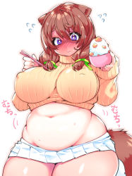 Rule 34 | 1girl, animal ears, belly, blush, breasts, brown hair, covered erect nipples, full-face blush, large breasts, navel, original, plump, purple eyes, solo, sweat, tail, thick thighs, thighs, wide hips, wotecho