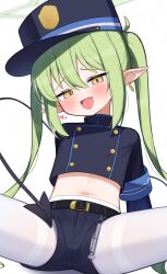 Rule 34 | 1girl, black hat, black shirt, black shorts, black tail, blue archive, blush, demon tail, earrings, fang, green hair, green halo, halo, hat, highlander twintails conductor (blue archive), highres, jewelry, long hair, long sleeves, looking at viewer, navel, open mouth, pantyhose, peaked cap, pointy ears, shirt, shorts, simple background, single earring, skin fang, smile, solo, tail, waon (43ctw), white background, white pantyhose, yellow eyes