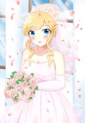 Rule 34 | 1girl, :d, alternate hairstyle, blonde hair, blue eyes, blush, bouquet, breasts, bridal veil, cleavage, cloud, collarbone, commentary request, day, dress, easyfunkycrazy, elbow gloves, flower, gloves, hair bun, hair up, highres, holding, holding bouquet, idolmaster, idolmaster cinderella girls, jewelry, large breasts, lipstick, looking at viewer, makeup, necklace, ohtsuki yui, open mouth, pearl necklace, petals, pink dress, pink flower, pink gloves, pink lips, pink rose, pink wedding dress, rose, rose petals, single hair bun, smile, solo, strapless, strapless dress, veil, wedding dress, window