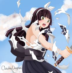 Rule 34 | 1girl, armpits, assisted exposure, bare shoulders, black kimono, blush, bow, breasts, brown eyes, clenched hands, colorized, day, embarrassed, eyelashes, fairy tail, female focus, fingernails, hair bow, hair ornament, hair ribbon, highres, hime cut, holding, holding sword, holding weapon, japanese clothes, kagura mikazuchi, katana, kimono, large breasts, long hair, mashima hiro, neck, no bra, obi, open mouth, outdoors, purple hair, ribbon, sash, sidelocks, sky, standing, sweat, sweatdrop, sword, torn clothes, traditional clothes, wardrobe malfunction, weapon, white bow, white ribbon