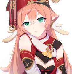 Rule 34 | 1girl, absurdres, antlers, breasts, cleavage, closed mouth, coin, detached sleeves, genshin impact, green eyes, hair between eyes, highres, holed coin, horns, light blush, looking at viewer, pink hair, red headwear, simple background, small breasts, solo, upper body, white background, yanfei (genshin impact), zapik