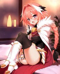 Rule 34 | 1boy, astolfo (fate), bed, black bow, black ribbon, black thighhighs, blush, boots, bow, braid, cape, fang, fate/apocrypha, fate (series), fur trim, garter straps, gauntlets, gloves, hair bow, hair intakes, hair ribbon, indoors, long hair, looking at viewer, m-da s-tarou, male focus, on bed, open mouth, pillow, pink hair, plant, potted plant, purple eyes, ribbon, sitting, solo, thighhighs, trap, white footwear