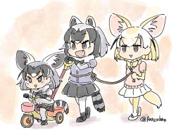 Rule 34 | 10s, 3girls, :d, animal ears, black bow, black bowtie, black hair, black skirt, blonde hair, bow, bowtie, common raccoon (kemono friends), fang, fennec (kemono friends), fox ears, fox tail, fur collar, grey hair, grey sweater, if they mated, kemono friends, miniskirt, mother and daughter, multicolored hair, multiple girls, open mouth, pantyhose, panzuban, pink sweater, pleated skirt, raccoon ears, raccoon tail, rope, short hair, skirt, smile, sweater, tail, triangle mouth, tricycle, twitter username, white legwear, white skirt, yellow bow, yellow bowtie, yellow legwear
