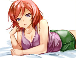 Rule 34 | 10s, 1girl, ajishio, blush, head rest, looking at viewer, love live!, love live! school idol festival, love live! school idol project, lying, nishikino maki, on stomach, open mouth, purple eyes, red hair, short hair, shorts, solo, tank top