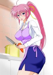 Rule 34 | 1girl, absurdres, ahoge, apron, ass, blue eyes, blush, breasts, carrot, female focus, highres, kirishima goro (55541), kitchen, kitchen knife, large breasts, long hair, looking at viewer, lyrical nanoha, mahou shoujo lyrical nanoha, mahou shoujo lyrical nanoha a&#039;s, no legwear, open mouth, pink hair, ponytail, signum, skirt, solo, very long hair