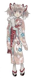 Rule 34 | 1girl, checkered sash, closed mouth, floral print, full body, furisode, gloves, hair ribbon, han&#039;eri, hanetsuki, highres, holding, holding paddle, japanese clothes, kaname madoka, kaname madoka (haregi ver.), kimono, kyubey, legs apart, long sleeves, looking at viewer, magia record: mahou shoujo madoka magica gaiden, mahou shoujo madoka magica, obi, objectification, okobo, paddle, pink eyes, pink hair, pink kimono, polka dot, print kimono, red ribbon, red sash, ribbon, sakuramon, sandals, sash, short hair, sidelocks, simple background, smile, socks, solo, standing, tabi, twintails, uwded 207, white background, white gloves, white ribbon, white socks