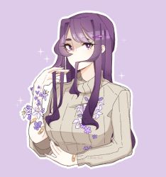 Rule 34 | 1girl, bandaid, bandaid on arm, beige sweater, caffe0w0, commentary, cropped torso, cuts, doki doki literature club, english commentary, flower, gradient background, hair in own mouth, hair ornament, hairclip, hand in own hair, hand up, injury, lily (flower), long hair, looking at viewer, name connection, object namesake, outline, purple background, purple eyes, purple hair, ribbed sweater, scar, self-harm, simple background, solo, sparkle, sweater, upper body, white outline, yuri (doki doki literature club)