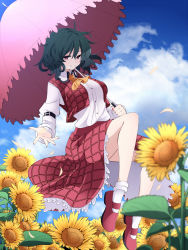 Rule 34 | 1girl, ascot, blue sky, breasts, cloud, day, female focus, field, flower, flower field, green hair, highres, kazami yuuka, large breasts, long sleeves, md5 mismatch, open clothes, open vest, parasol, petals, red eyes, rihito (usazukin), shirt, skirt, sky, solo, sunflower, sunflower field, touhou, umbrella, vest