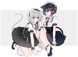 Rule 34 | 2girls, animal ears, black dress, black footwear, black hair, black hairband, black neckwear, blue eyes, cat ears, cat tail, closed mouth, collar, detached collar, dress, flats, flower, food, fruit, grey background, grey hair, hair flower, hair ornament, hairband, hand on own chest, holding, holding food, holding fruit, idol, invisible chair, kemonomimi mode, kneeling, konno junko, lace, lace-trimmed dress, lace trim, light frown, looking at viewer, maid headdress, mizuno ai, multiple girls, necktie, puffy short sleeves, puffy sleeves, red eyes, short dress, short sleeves, sitting, smile, strawberry, tail, uehara (dormmmmir ), white collar, white hairband, wing collar, zombie land saga