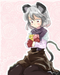 Rule 34 | 1girl, animal ears, blush, box, brown dress, capelet, dress, female focus, gift, gift box, gloves, grey hair, mouse ears, mouse tail, nazrin, pantyhose, red eyes, red gloves, sape (saperon black), scarf, short hair, sitting, solo, tail, tears, touhou