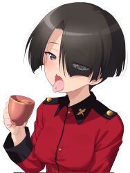 Rule 34 | 1girl, black hair, blush, breasts, earrings, girls und panzer, green eyes, hair over one eye, highres, jewelry, kuzuryuu kennosuke, large breasts, looking at viewer, military uniform, open mouth, piercing, short hair, simple background, solo, st. gloriana&#039;s military uniform, st. gloriana&#039;s student (girls und panzer saishuushou), tongue, tongue out, tongue piercing, uniform, upper body, vanilla (girls und panzer), white background