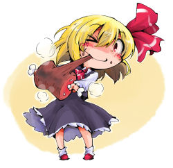 Rule 34 | 1girl, ankle socks, ascot, blonde hair, boned meat, eating, food, food in mouth, food on face, hair ribbon, meat, one eye closed, red eyes, ribbon, rumia, shinapuu, short hair, simple background, skirt, skirt set, smile, socks, solo, steam, touhou, wink, yellow background