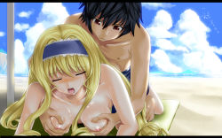 Rule 34 | 10s, 1boy, 1girl, aldehyde, bad id, bad pixiv id, beach, black hair, blonde hair, blush, grabbing another&#039;s breast, breasts squeezed together, breasts, cecilia alcott, day, closed eyes, grabbing, hairband, hetero, infinite stratos, letterboxed, long hair, lying, medium breasts, on stomach, open mouth, orimura ichika, red eyes, short hair