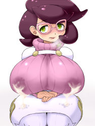 Rule 34 | 1girl, blush, breasts, creatures (company), game freak, glasses, green eyes, highres, huge breasts, lactation, lactation through clothes, nintendo, pokemon, pokemon sm, purple hair, solo, wicke (pokemon)