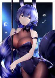 Rule 34 | 1girl, absurdly long hair, absurdres, animal ears, azur lane, bare shoulders, bodystocking, breasts, cleavage, covered erect nipples, covered navel, fake animal ears, fake tail, highres, large breasts, leotard, long hair, looking to the side, new jersey (azur lane), new jersey (exhilarating steps!) (azur lane), official alternate costume, pantyhose, playboy bunny, pole, purple eyes, purple hair, rabbit ears, samip, see-through, see-through cleavage, simple background, solo, strapless, strapless leotard, stripper pole, tail, very long hair