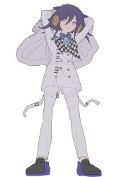 Rule 34 | 1boy, arms up, bell, bow, bowtie, buttons, cape, checkered clothes, checkered scarf, danganronpa (series), danganronpa v3: killing harmony, double-breasted, emuemu310, full body, fur-trimmed cape, fur trim, grey jacket, grey pants, highres, holding, holding cape, holding clothes, horns, jacket, long sleeves, neck bell, official alternate costume, oma kokichi, pants, pink eyes, purple bow, purple bowtie, purple hair, scarf, sheep horns, solo, standing, striped cape