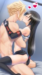 Rule 34 | 1boy, 1girl, arm guards, black gloves, black hair, black thighhighs, blonde hair, blush, breasts, closed eyes, clothed female nude male, clothes lift, cloud strife, earrings, elbow gloves, final fantasy, final fantasy vii, final fantasy vii remake, fingerless gloves, gloves, heart, hetero, hug, jewelry, kiss, long hair, low-tied long hair, nude, sex, shirt lift, skirt, spiked hair, straddling, stud earrings, thighhighs, tifa lockhart, tsunbeji, upright straddle
