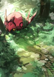 Rule 34 | absurdres, animal focus, artist name, black eyes, bug, colored sclera, creatures (company), day, day walker1117, english text, forest, full body, game freak, gen 5 pokemon, grass, green theme, half-closed eyes, highres, light rays, looking to the side, nature, nintendo, no humans, outdoors, pokemon, pokemon (creature), scolipede, shadow, signature, solo, sunlight, tree, venipede, yellow sclera