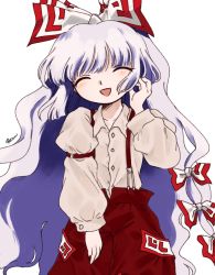Rule 34 | 1girl, :d, ^ ^, adjusting hair, baggy pants, beige shirt, blunt tresses, blush, bow, closed eyes, collarbone, collared shirt, cowboy shot, dress shirt, eyes visible through hair, facing viewer, floating hair, fujiwara no mokou, hair bow, tucking hair, hand in own hair, hand up, happy, head tilt, high-waist pants, large bow, long hair, long sleeves, official style, ofuda, ofuda on clothes, open mouth, pants, puffy long sleeves, puffy sleeves, red pants, sakumo (okura oishiiii), shirt, shirt tucked in, sidelocks, signature, silver hair, simple background, sleeve garter, smile, solo, standing, suspenders, swept bangs, touhou, two-tone bow, very long hair, wavy hair, white background, wing collar, zun (style), |d