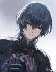 Rule 34 | 1boy, armor, black armor, black gloves, blue eyes, blue hair, byleth (fire emblem), byleth (male) (fire emblem), closed mouth, commentary, crying, crying with eyes open, fingernails, fire emblem, fire emblem: three houses, gauntlets, gloves, hair between eyes, holding hands, looking at viewer, male focus, nintendo, rain, sad, solo, symbol-only commentary, tearing up, tears, twitter username, un tapoi