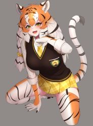 Rule 34 | 1girl, :d, absurdres, animal ear fluff, animal ears, animal print, black garter straps, black hair, black vest, blonde hair, bow, breast pocket, breasts, claws, deku suke, extra ears, fang, full body, garter straps, grey background, hair bow, highres, japari symbol, kemono friends, large breasts, looking at viewer, multicolored hair, necktie, open mouth, orange hair, plaid, plaid necktie, plaid neckwear, plaid skirt, pleated skirt, pocket, print thighhighs, shirt, siberian tiger (kemono friends), simple background, skirt, smile, solo, tail, thighhighs, tiger ears, tiger girl, tiger print, tiger tail, v-shaped eyebrows, vest, white hair, white shirt, yellow bow, yellow necktie, yellow skirt
