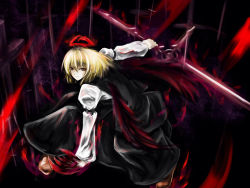 Rule 34 | 1girl, arc system works, bad id, bad pixiv id, blackwing phoenix, blazblue, blonde hair, embodiment of scarlet devil, ex-rumia, female focus, parody, ragna the bloodedge, red eyes, rumia, rumia the bloodedge, serious, solo, sword, touhou, wallpaper, weapon