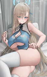 Rule 34 | 1girl, absurdres, ass, asuna (blue archive), blue archive, blue dress, blue eyes, blue halo, blue ribbon, blush, breasts, china dress, chinese clothes, cleavage, cleavage cutout, clothing cutout, dress, grin, hair over one eye, hair ribbon, halo, highres, hwan (verypoor), large breasts, light brown hair, long hair, looking at viewer, ribbon, smile, solo, thighhighs, white thighhighs