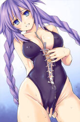Rule 34 | 1girl, blue eyes, blush, braid, breasts, cleavage, collarbone, covered erect nipples, hair ornament, highres, hot, long hair, looking at viewer, medium breasts, neptune (series), one-piece swimsuit, power symbol, power symbol-shaped pupils, purple hair, purple heart (neptunia), shimamoto (natsuki), skinsuit, sweat, swimsuit, symbol-shaped pupils, twin braids