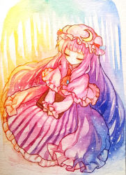 Rule 34 | 1girl, book, hugging book, calligraphy brush (medium), capelet, closed eyes, coat, crescent, dress, graphite (medium), hat, holding, holding book, hugging object, long hair, long sleeves, mirror (xilu4), mob cap, open clothes, open coat, painting (medium), patchouli knowledge, purple dress, purple hair, solo, striped clothes, striped dress, touhou, traditional media, v arms, very long hair, watercolor (medium)