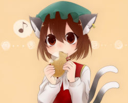 Rule 34 | 1girl, animal ears, bad id, bad pixiv id, beige background, brown hair, cat ears, cat tail, chen, earrings, eating, food, jewelry, multiple tails, musical note, nekomata, quaver, red eyes, shiromizu, simple background, spoken musical note, tail, taiyaki, touhou, two tails, wagashi