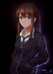 Rule 34 | 10s, 1girl, artist name, black background, blush, brown hair, buttons, cardigan, dated, green eyes, hands in pockets, highres, idolmaster, idolmaster cinderella girls, jewelry, long hair, long sleeves, looking at viewer, necklace, necktie, school uniform, shibuya rin, shirt, solo, standing, sumomo (sunrainday), white shirt