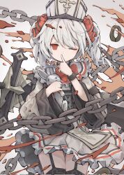 Rule 34 | 1girl, black thighhighs, dress, frilled dress, frills, grey hair, hair ornament, henzer, highres, huge weapon, one eye closed, original, red eyes, splashing, stuffed toy, thighhighs, weapon, white background, white headwear