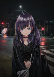 Rule 34 | 1girl, absurdres, bad id, bad twitter id, bag, belt collar, black bag, black jacket, blue eyes, closed mouth, collar, commentary, cross, cross necklace, gishiki (gshk), goth fashion, highres, jacket, jewelry, latin cross, long hair, long sleeves, looking at viewer, navel, necklace, night, open clothes, open jacket, original, outdoors, photo background, purple hair, ringed eyes, shoulder bag, smile, solo